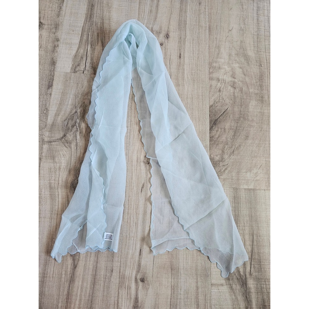 Vintage Light Blue Silk Blend Scalloped Edge Sheer Scarf Made in Japan RN 3988